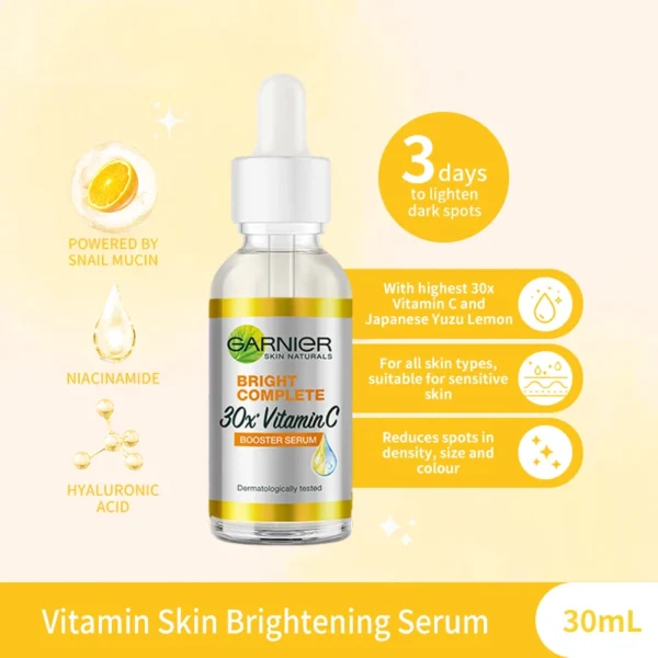 Garnier Bright Complete 30x Vitamin C Niacinamide Booster Serum Whitening Skin Tone Essence Fade Acne Mark Beauty Products 30ml - Image 2